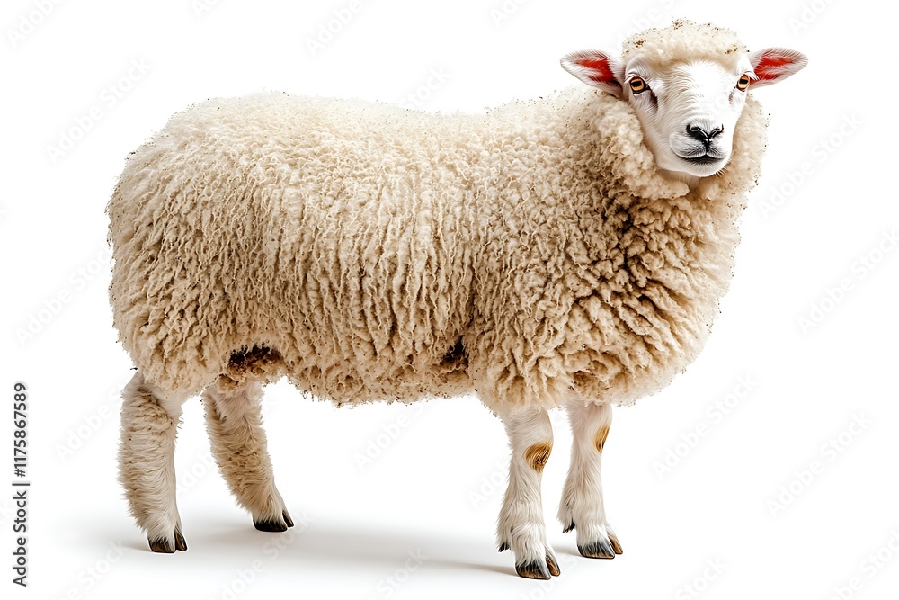 A Fluffy White Sheep Stands Against A White Background A Fluffy White Sheep Stands Against A White Background
