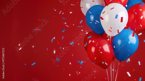 Festive celebration with red white blue balloons and confetti photo