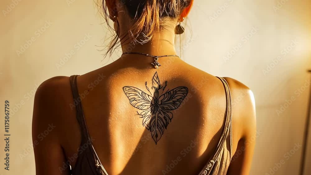 A young Asian woman stands with her back to the camera, revealing a detailed butterfly tattoo on her shoulder. The warm, soft lighting enhances her relaxed mood, emphasizing the tattoo's intricate