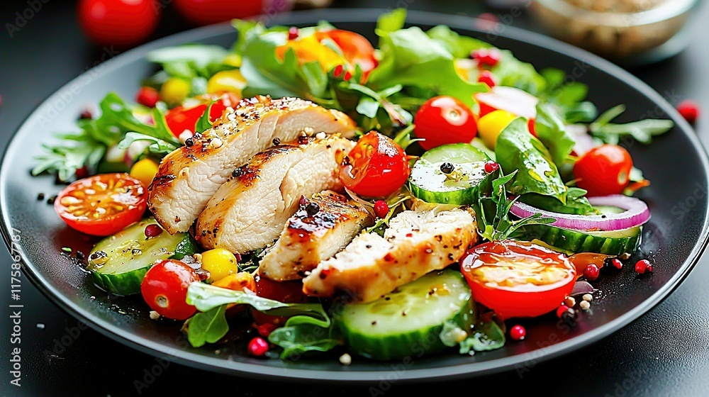 Chicken, Cucumber, Tomato & Lettuce Salad with Sesame Seeds Chicken, Cucumber, Tomato & Lettuce Salad with Sesame Seeds