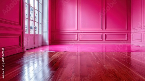  A spacious room featuring a wooden floor and a sizable central window is bathed in intense pink illumination photo