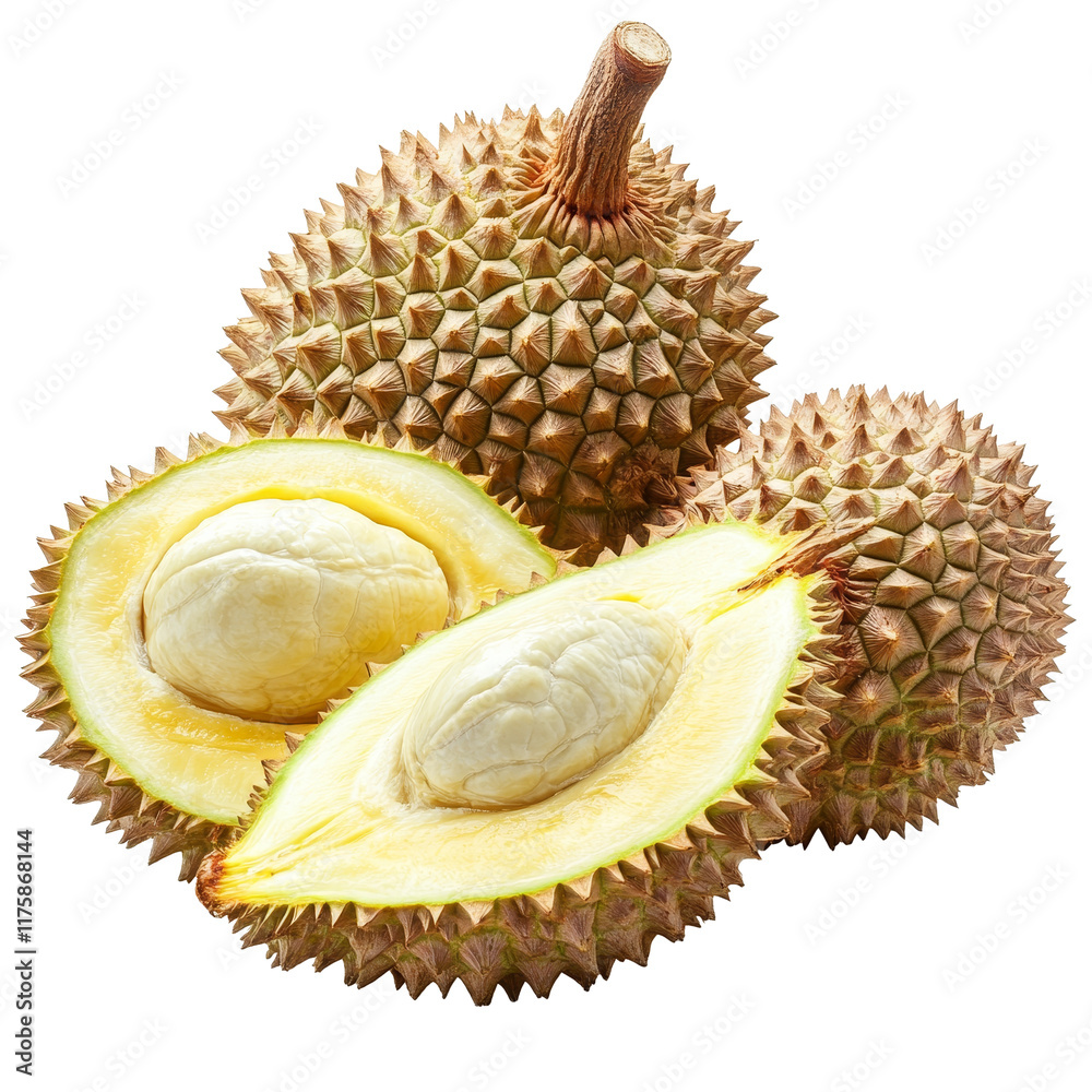 Obraz premium Fresh durian fruit against a clean transparent background showcasing its unique spiky exterior and creamy flesh, durian peels isolated on transparent background