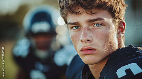 Portrait of young american football player wearing uniform, looking at camera. young man sport game play, professional athlete, league, training, competition, standing on field, strenth. photo