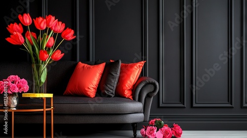   A couch with a vase of red flowers on top, and a table beside it with another vase of flowers