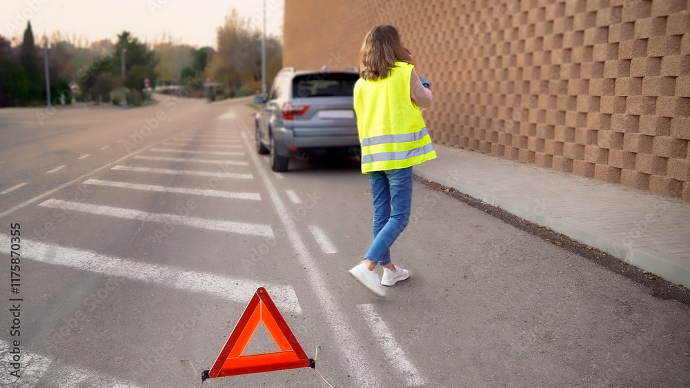 Woman requesting help by cell phone for broken down car and breakdown triangle