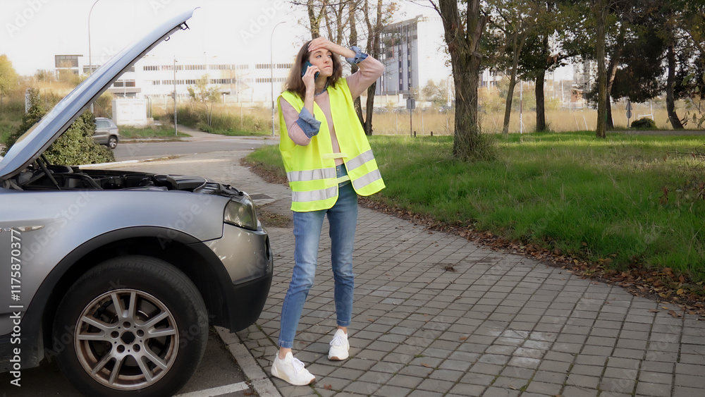 Worried woman calling for help with broken car on roadside
