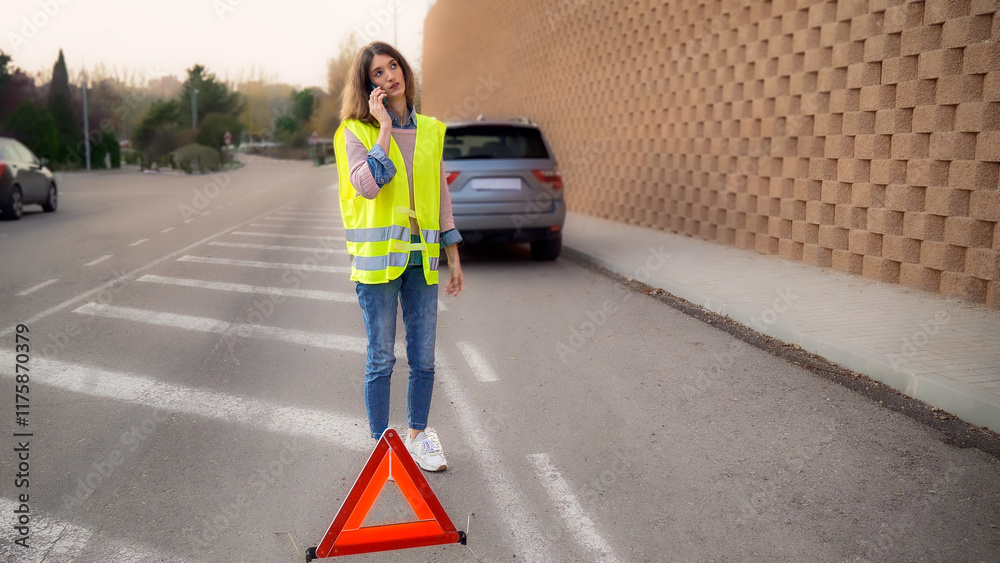 Woman requesting help by cell phone for broken down car and breakdown triangle