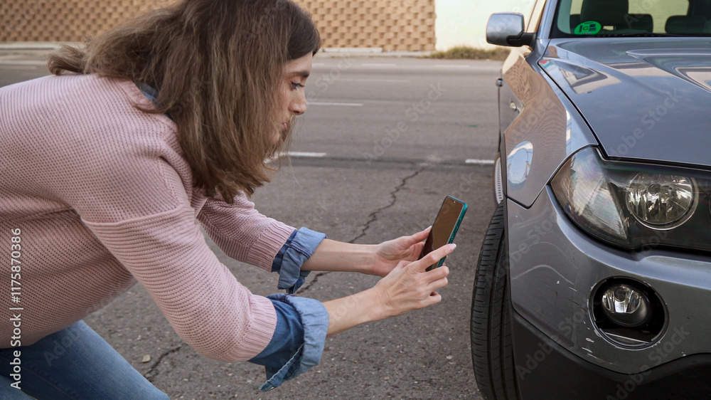 Woman photographing damage to her car after a traffic accident for insurance claim