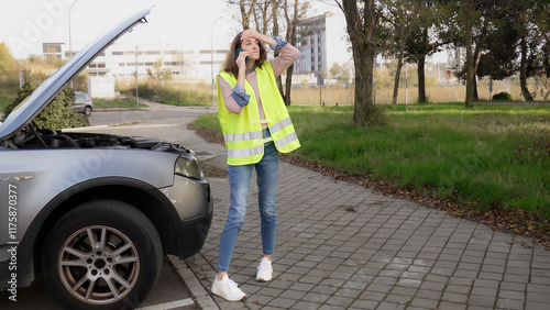 Obraz na płótnie Worried woman calling for help with broken car on roadside w salonie