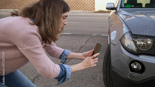 Obraz na płótnie Woman photographing damage to her car after a traffic accident for insurance claim w salonie