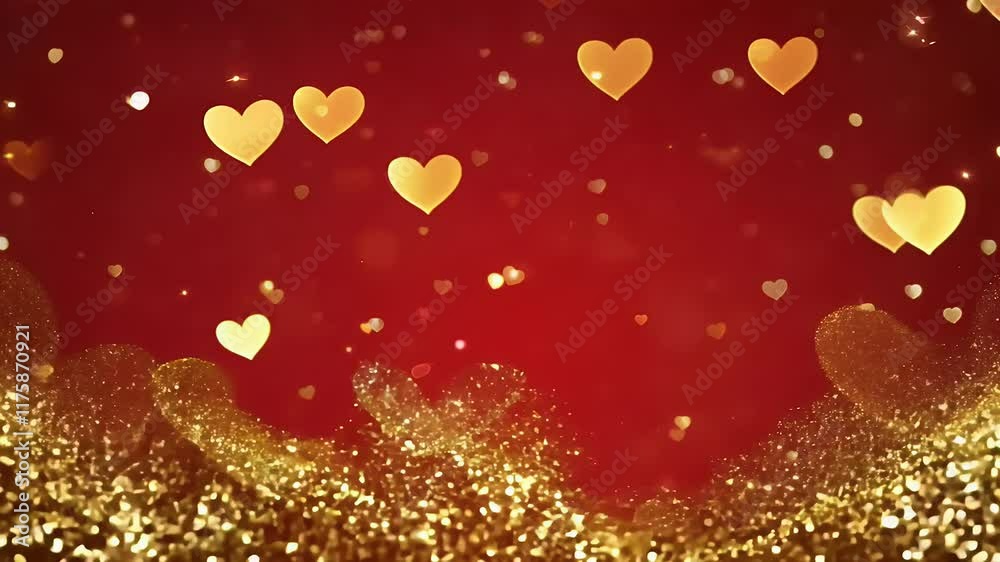 A sparkling red bokeh background adorned gold confetti glitter creates elegant seamless loop festive banners invitations