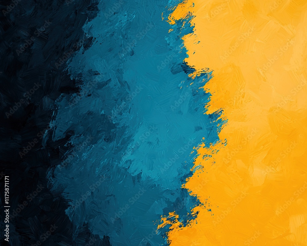 An abstract painting featuring a dynamic blend of dark teal, bright yellow, and deep blue, creating a striking visual contrast. An abstract painting featuring a dynamic blend of dark teal, bright yellow, and deep blue, creating a striking visual contrast.