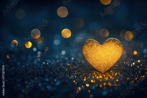 Golden heart on glitter, bokeh background.