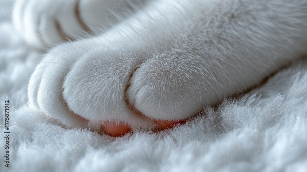 Close-up of white cat paws resting on soft, fluffy surface. Close-up of white cat paws resting on soft, fluffy surface.