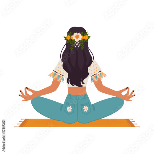 girl in boho outfit in lotus position back view isolated on transparent background flat illustration