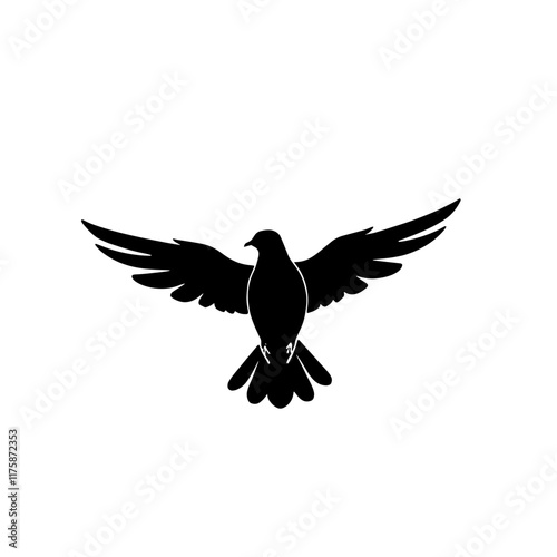 Black silhouette of a bird with outstretched wings soaring against a plain background