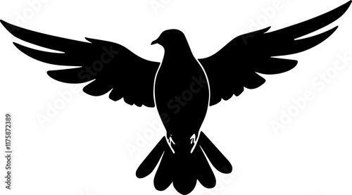 Black silhouette of a bird, pidgeon or dove with outstretched wings soaring