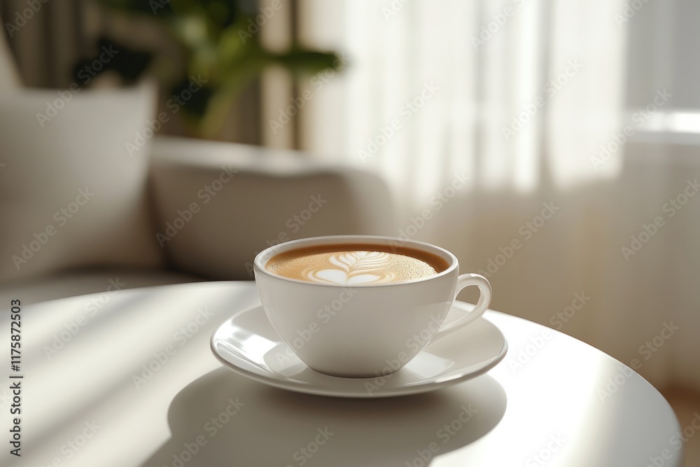 Latte art in a white cup on a table. Latte art in a white cup on a table.