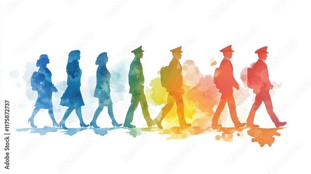 Obraz premium Colorful silhouettes of diverse professional people walking in watercolor style