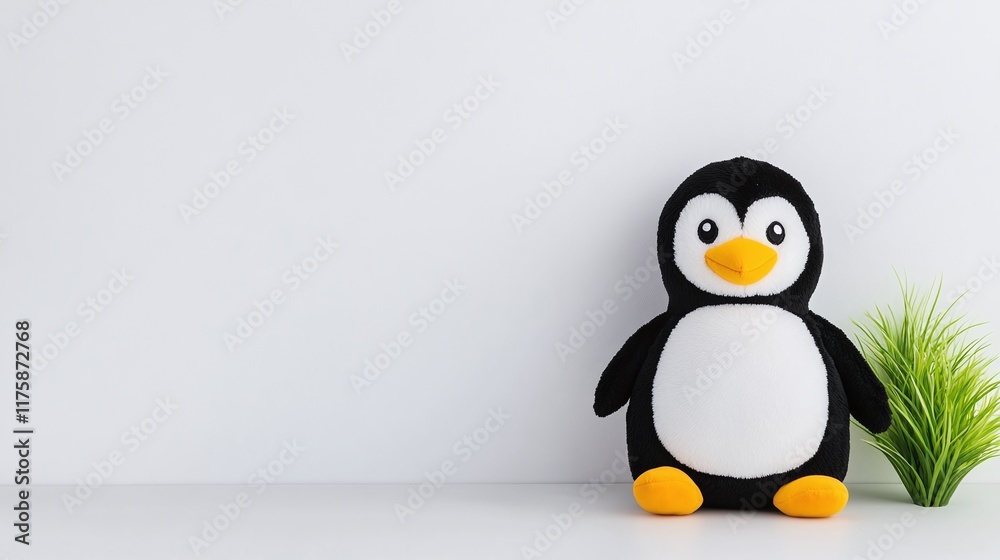 Fototapeta premium Plush penguin toy with orange beak and flippers, minimalistic design on a white background, cute and cuddly stuffed animal for children, toy photography with green plant decor