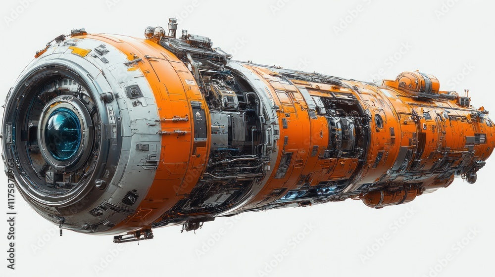 Futuristic orange and white spaceship, isolated, advanced design, space travel, possible use as a science fiction concept Futuristic orange and white spaceship, isolated, advanced design, space travel, possible use as a science fiction concept