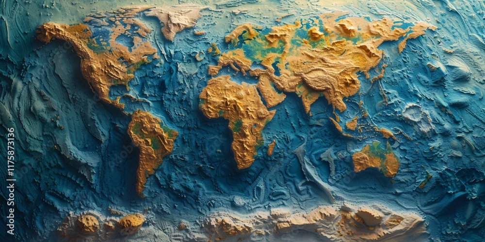 Naklejka premium Detailed 3D relief map of the world, showcasing continents, oceans, and geographical features in vibrant colors and textures.