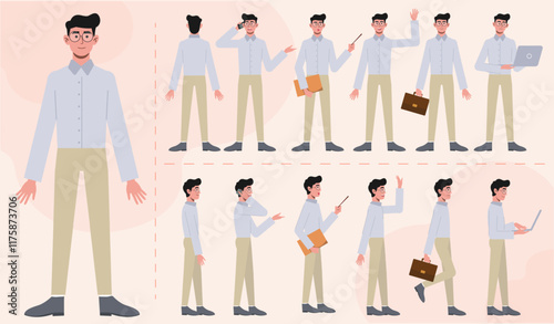 A set of different types and expression of characters. A young man with glasses from various angles. Views from the front, side, back, and frontal. Vector illustration in a flat style