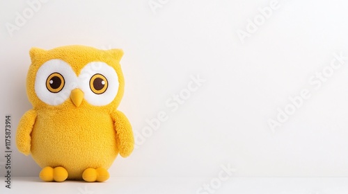 Yellow plush owl toy with wide eyes and orange feet, minimalistic design on a bright white background, soft and cuddly stuffed animal for children, playful toy photography

