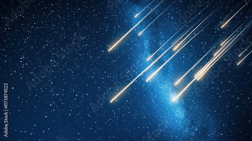 Meteor shower streaks across night sky, milky way.