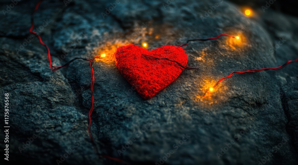 Fototapeta premium Bright red heart decorates a rocky surface with glowing string lights adding warmth to the atmosphere at twilight