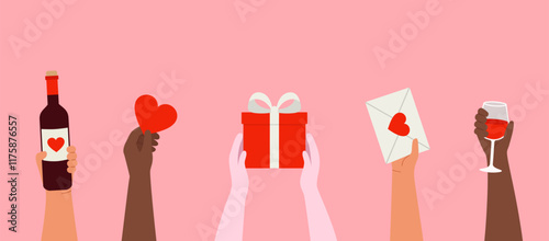 People of different races holding bottle of wine, heart-shaped gift box, envelopes with hearts on pink background. Valentines Day celebration. Vector illustration