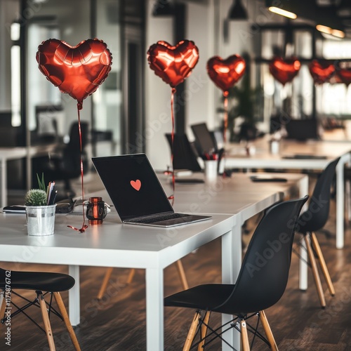 Modern office decorated with red heart balloons for a celebration of love during work hours