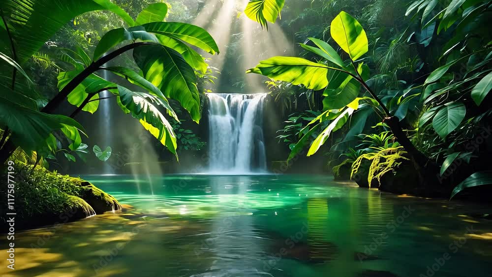 Tropical Waterfall Flowing into a Clear Emerald Pool Surrounded by Lush Green Jungle and Sunlight Rays
Tropical Waterfall Flowing into a Clear Emerald Pool Surrounded by Lush Green Jungle and Sunlight Rays