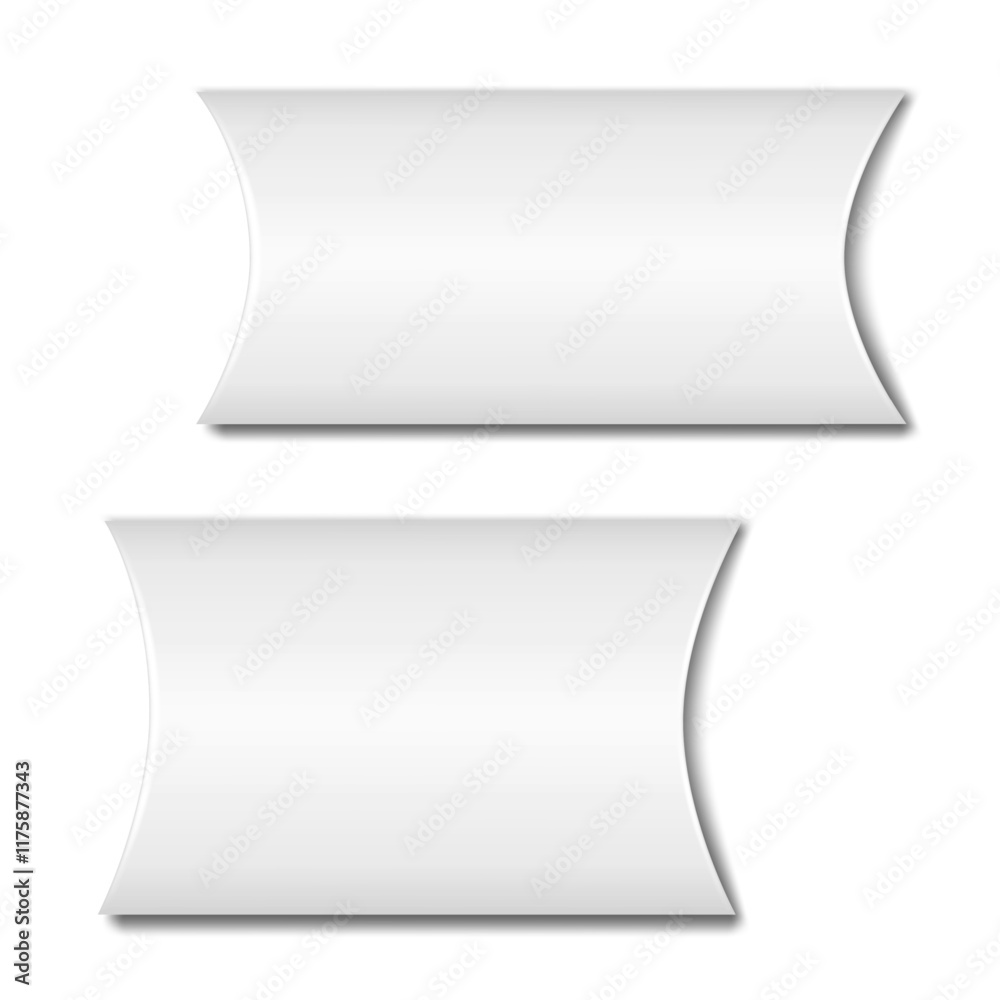 White blank paper pillow box packaging. Realistic 3d vector mock-up. Cardboard gift box case package top view. Mockup. Template for design White blank paper pillow box packaging. Realistic 3d vector mock-up. Cardboard gift box case package top view. Mockup. Template for design