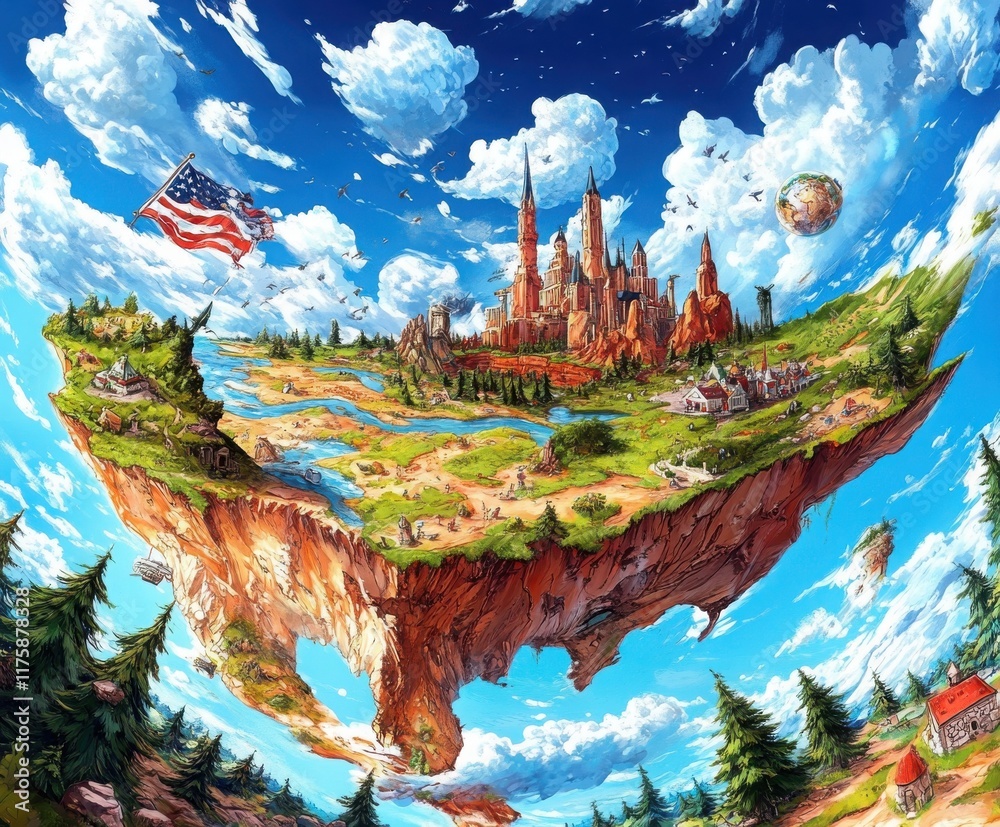 Obraz premium Enchanted Floating Island with Castle and American Flag in Sky