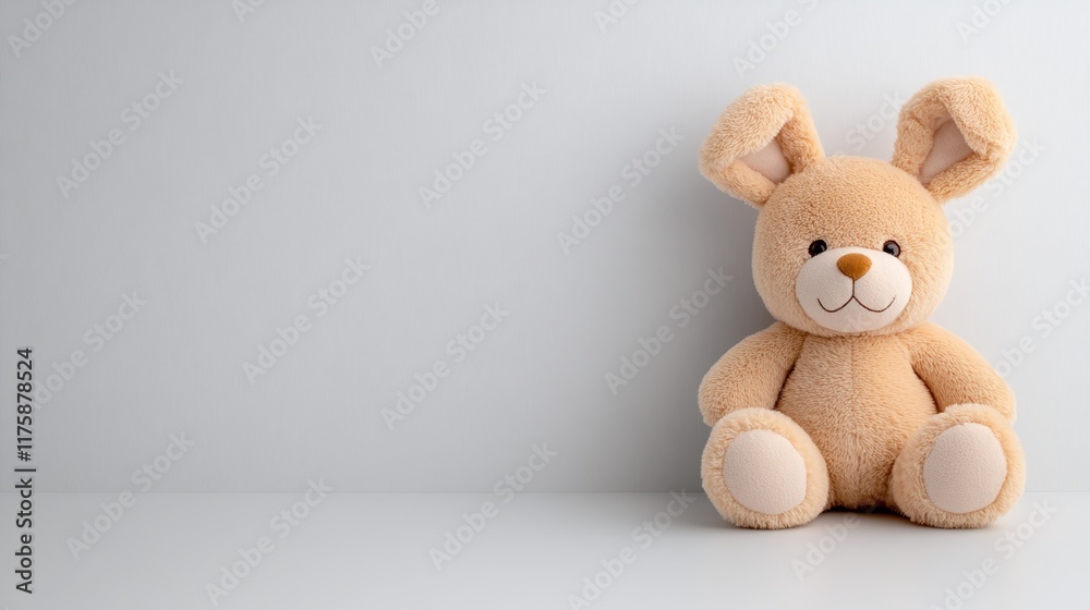 Fototapeta premium Beige plush bunny toy with smiling face, upright ears, minimalistic design on a light gray background, soft and cuddly stuffed animal for children, toy photography with copy space