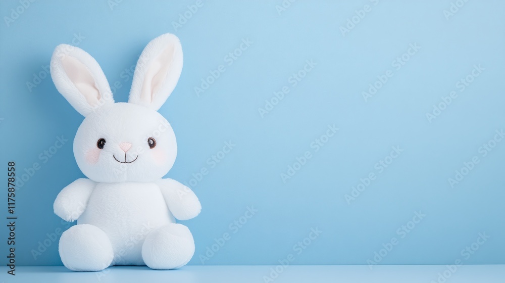 Fototapeta premium White plush rabbit toy with long floppy ears, minimalistic design on a bright blue background, soft and cuddly stuffed animal for children, playful toy photography with copy space