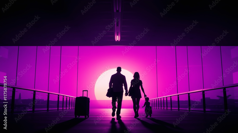Professional photography, warm soft tones, thick fog blurring background bokeh, family of three walking away from camera towards sunset in airport terminal, father pulling suitcase, mother carrying ha Professional photography, warm soft tones, thick fog blurring background bokeh, family of three walking away from camera towards sunset in airport terminal, father pulling suitcase, mother carrying ha