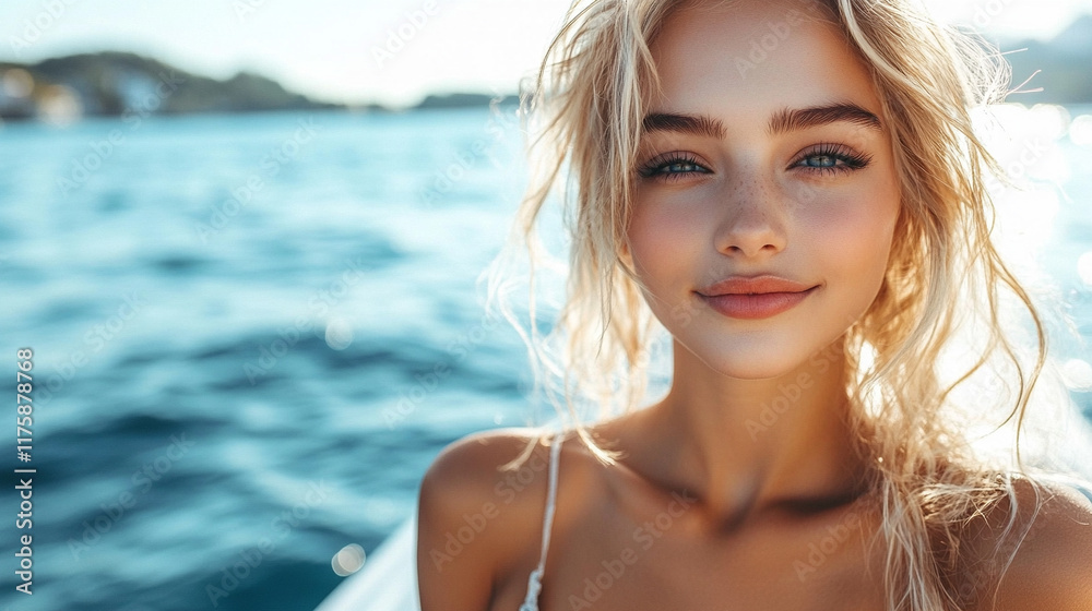 A fashionable young model in an elegant dress exudes glamour and confidence on a luxurious boat with a radiant smile complementing the panoramic view of a tranquil lake on a sunny summer day
A fashionable young model in an elegant dress exudes glamour and confidence on a luxurious boat with a radiant smile complementing the panoramic view of a tranquil lake on a sunny summer day