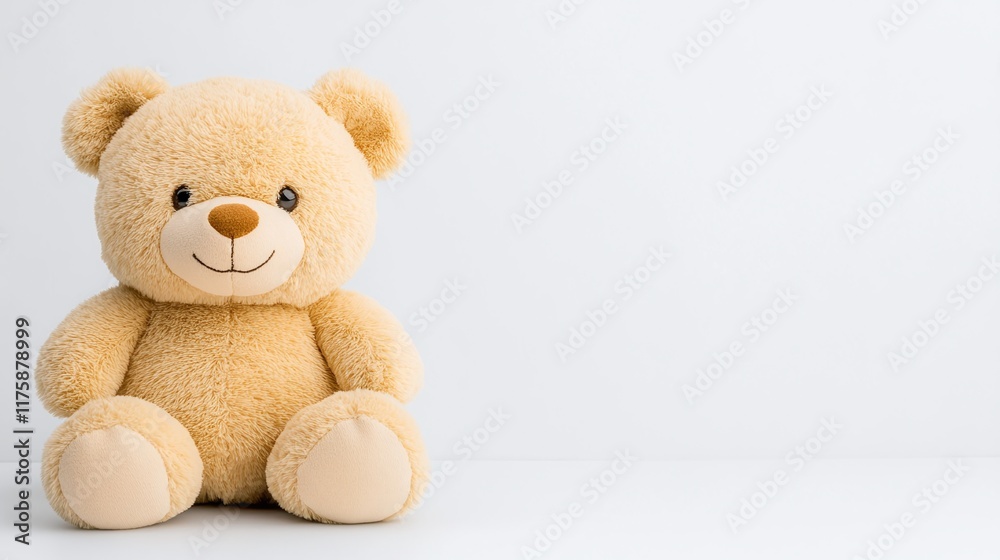 Obraz premium Cute beige teddy bear with a smiling face, isolated on a white background, minimalistic design, stuffed animal toy for children, playful and soft toy photography with copy space