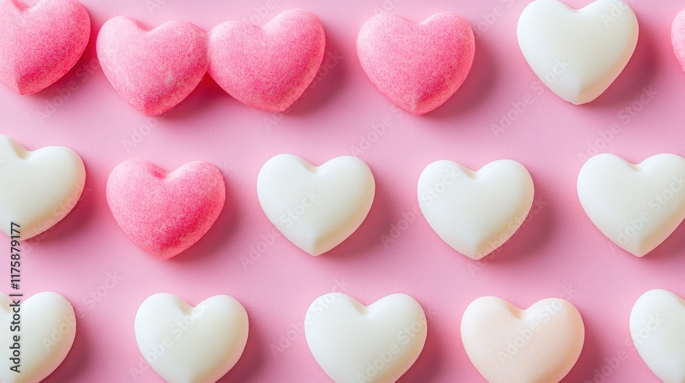 Pink and white heart-shaped candies arranged on pink background. Pink and white heart-shaped candies arranged on pink background.