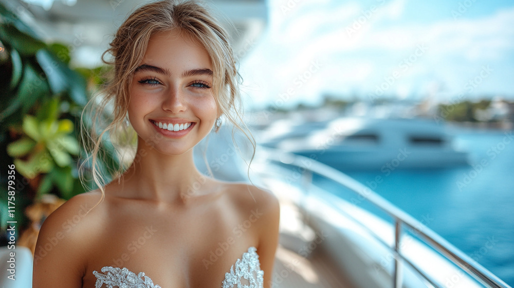 A fashionable young model in an elegant dress exudes glamour and confidence on a luxurious boat with a radiant smile complementing the panoramic view of a tranquil lake on a sunny summer day
A fashionable young model in an elegant dress exudes glamour and confidence on a luxurious boat with a radiant smile complementing the panoramic view of a tranquil lake on a sunny summer day