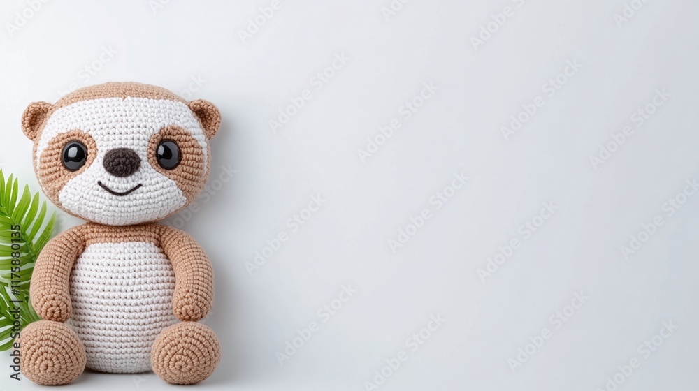 Fototapeta premium Beige crochet sloth toy with white face, seated on a white surface next to green leaves, handmade amigurumi soft toy, minimalistic design with copy space, gift or nursery decor