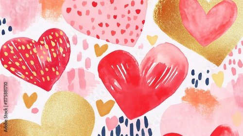 watercolor and modern print with hearts and roses, very beautiful, red pink and gold, Valentines card