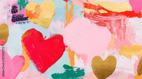 watercolor and modern print with hearts and roses, very beautiful, red pink and gold, Valentines card