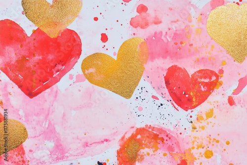 watercolor and modern print with hearts and roses, very beautiful, red pink and gold, Valentines card