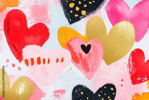 watercolor and modern print with hearts and roses, very beautiful, red pink and gold, Valentines card
