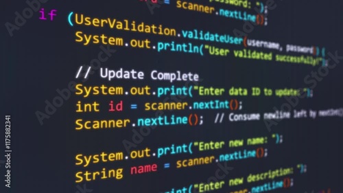 Code animation, animated colorful code scrolling on a realistic monitor screen is suitable for footage software development, coding scenes, and typing hacking scripts.