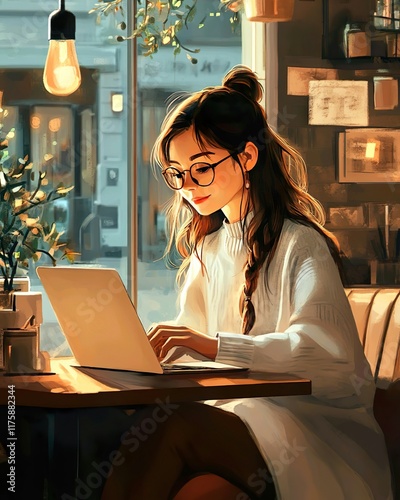 Cozy Café Vibes - Woman Working on Laptop Art Illustration