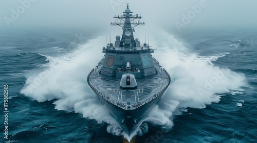 A Modern Naval Destroyer Skillfully Navigating Through Challenging and Rough Oceanic Seas